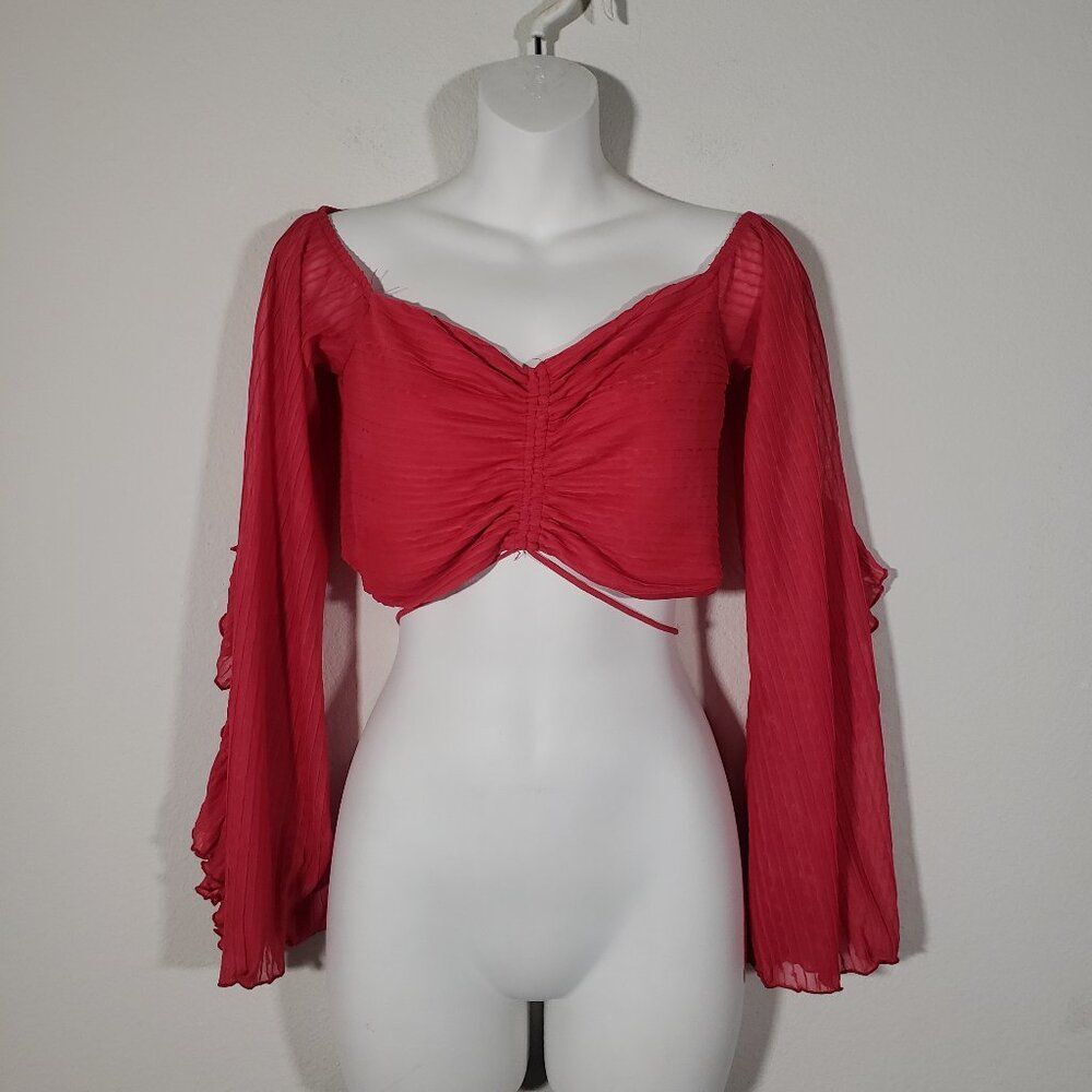 Zara women's Crop Top Large Hot Pink Ruched Sheer Fairy Ruffles Boho Hippie